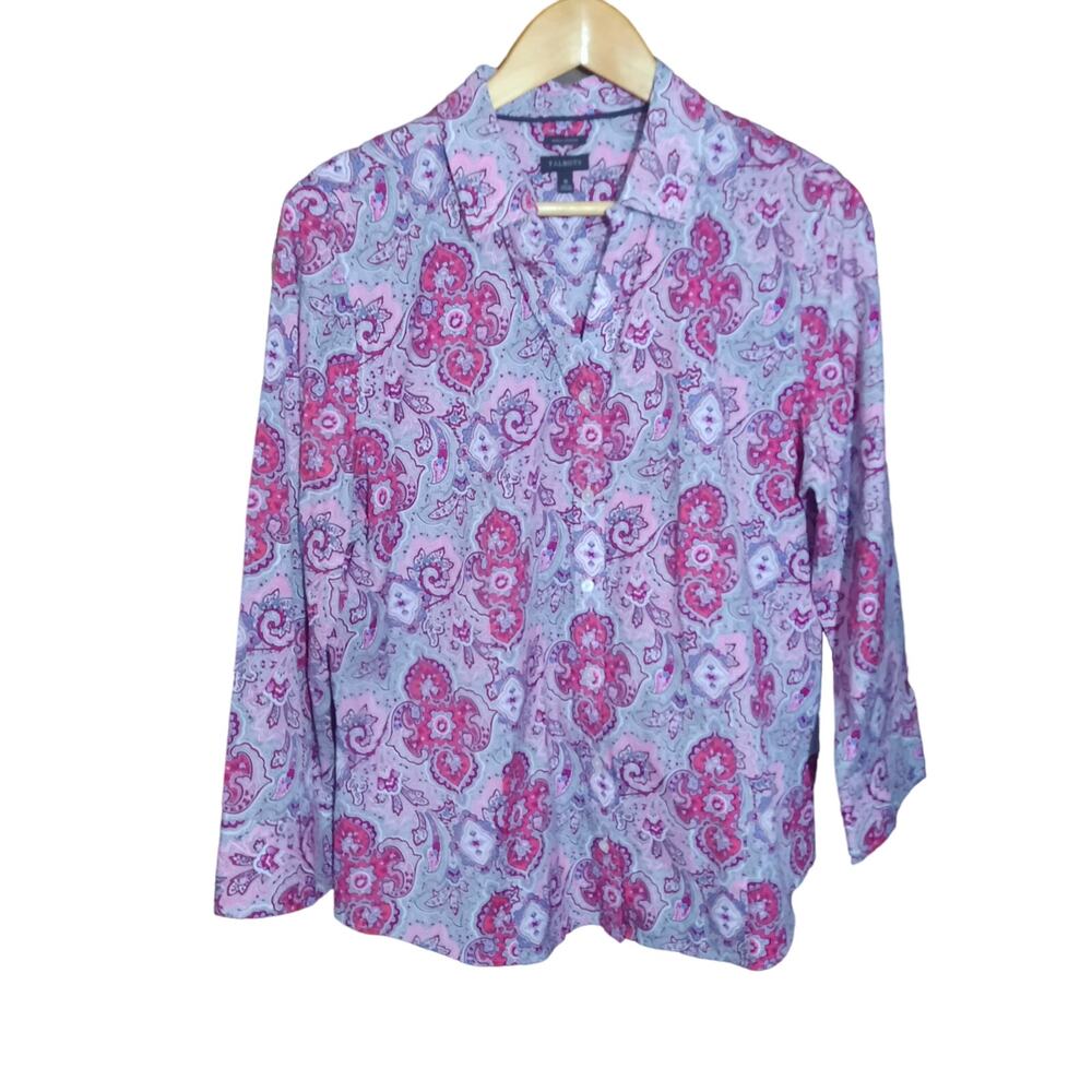 Talbots Womens Pink Paisley Print Button Front Long Sleeve Collared Top Size 16